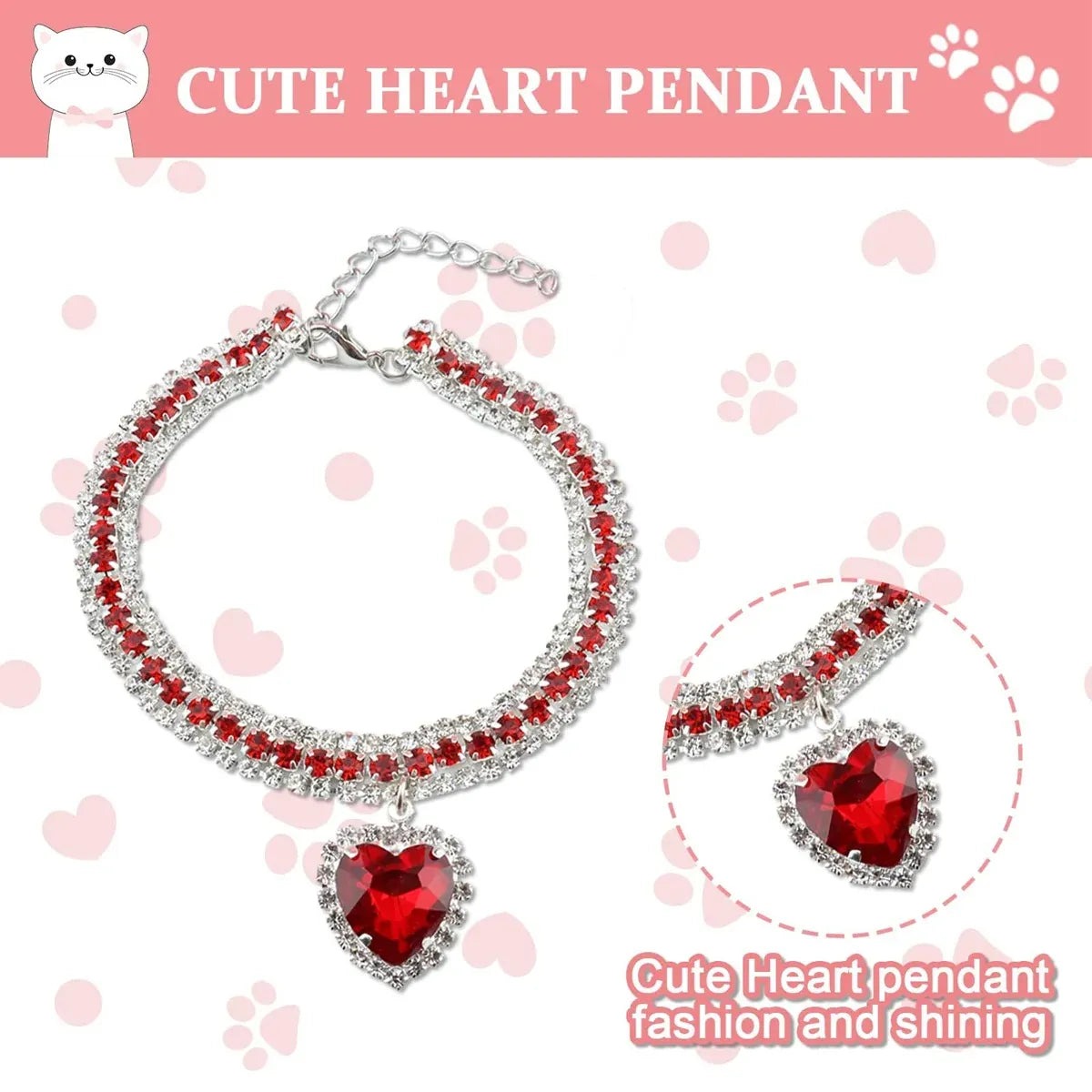Pet Rhinestone Collar 4PCS Heart Pendant Cat Dog Adjustable 16.5-26cm
