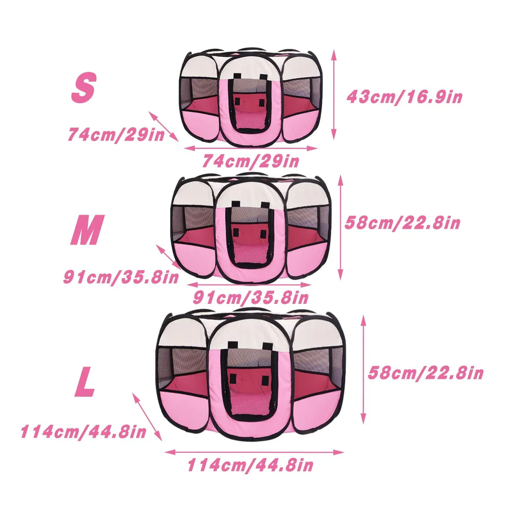 Octagonal Foldable Pet Pen, Coffee or Pink, with its measurements marked