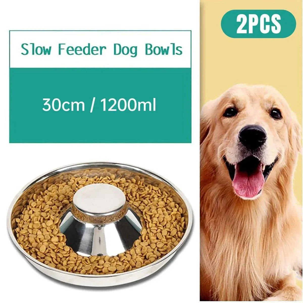 2pcs Stainless Steel Dog Cat Slow Feeder Pet Food Bowl Non-Slip Stop