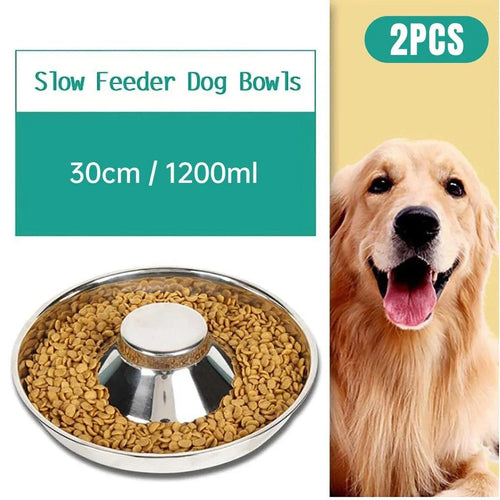2pcs Stainless Steel Dog Cat Slow Feeder Pet Food Bowl Non-Slip Stop