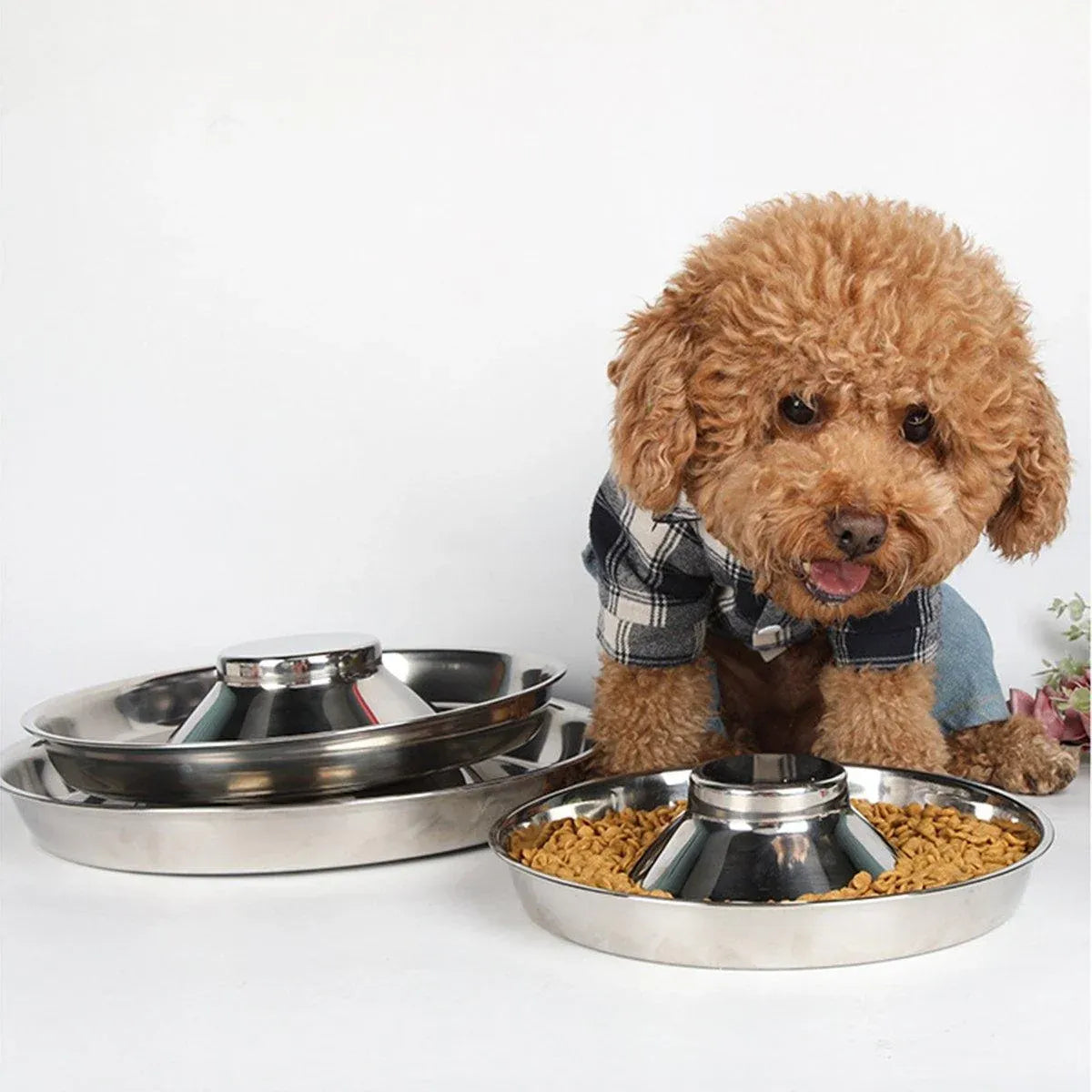 2pcs Stainless Steel Dog Cat Slow Feeder Pet Food Bowl Non-Slip Stop