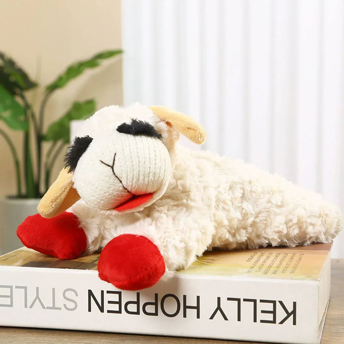 Aimall Lamb Plush Squeaky Dog Toy, White, shown in a real setting, photo 8 of 8