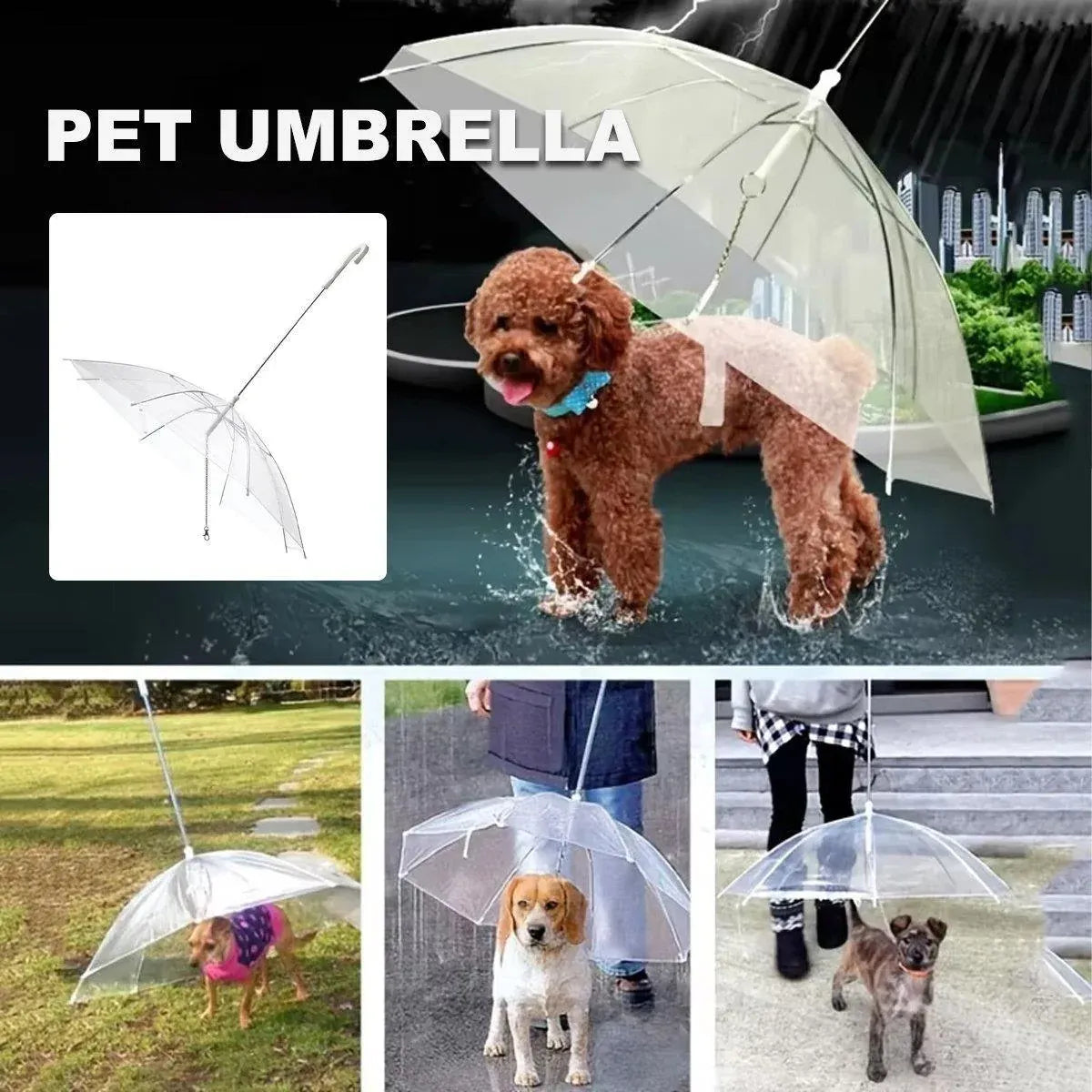 Pet Dog Transparent Umbrella 30 inch Diameter With Dog Leash For Rain