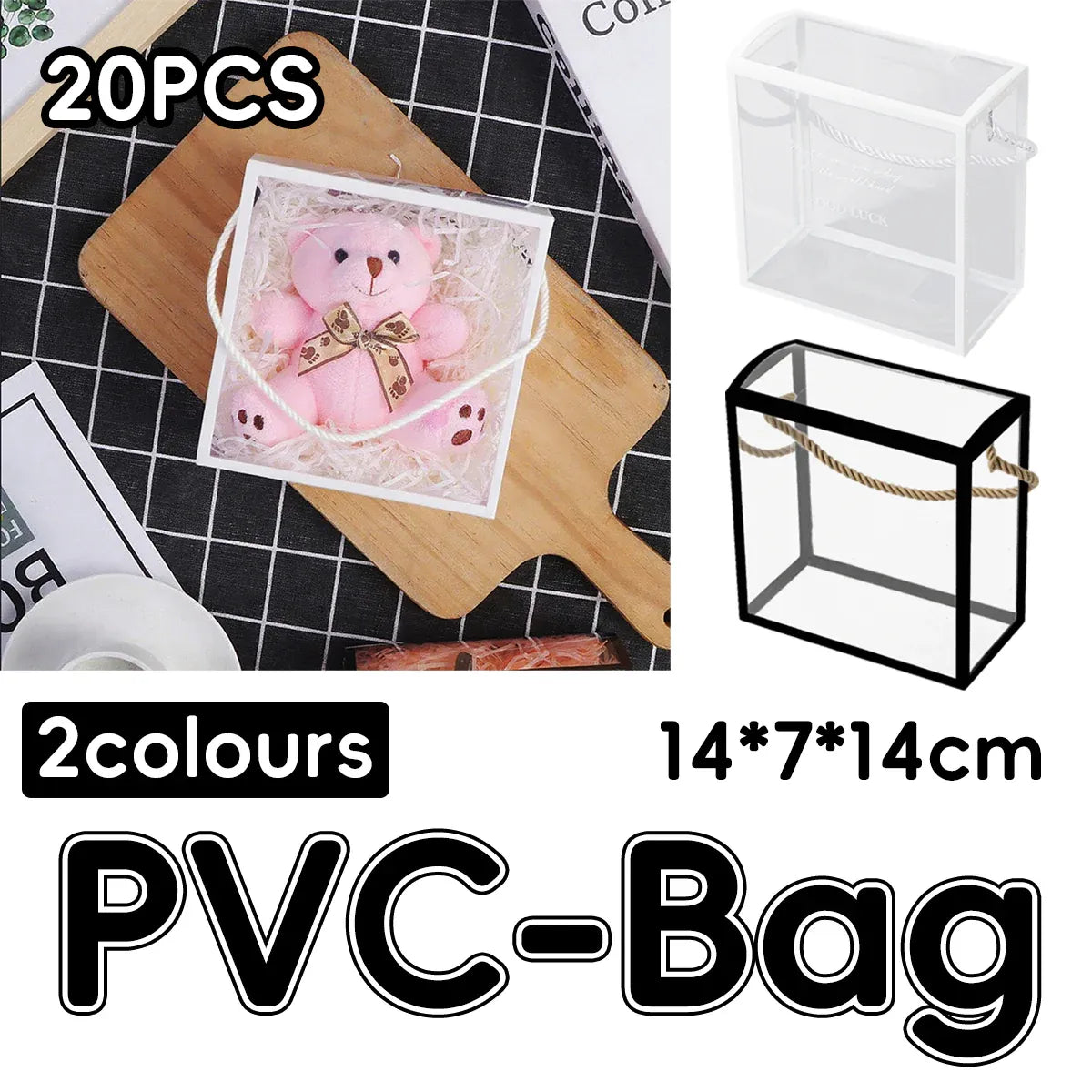 20PCS PVC Fully Transparent Handheld Gift Bags Clear Birthday Christmas Presents - Black