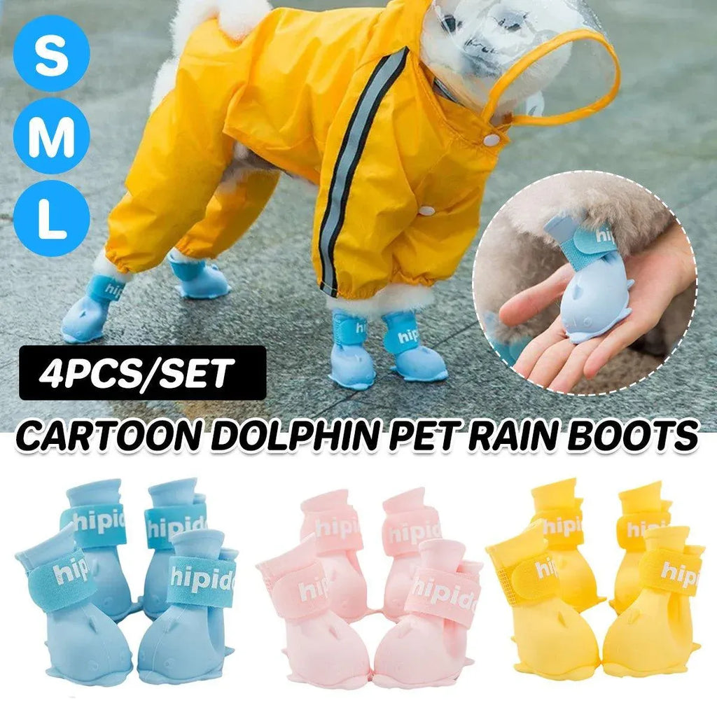 4pcs Cartoon Pet Rain Boots Waterproof Non-Slip Wear-Resistant Shoes
