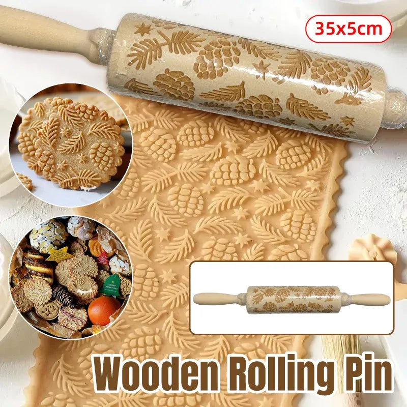 Christmas Engraved Wooden Rolling Pin, Pine Cone and Leaf, 35 cm