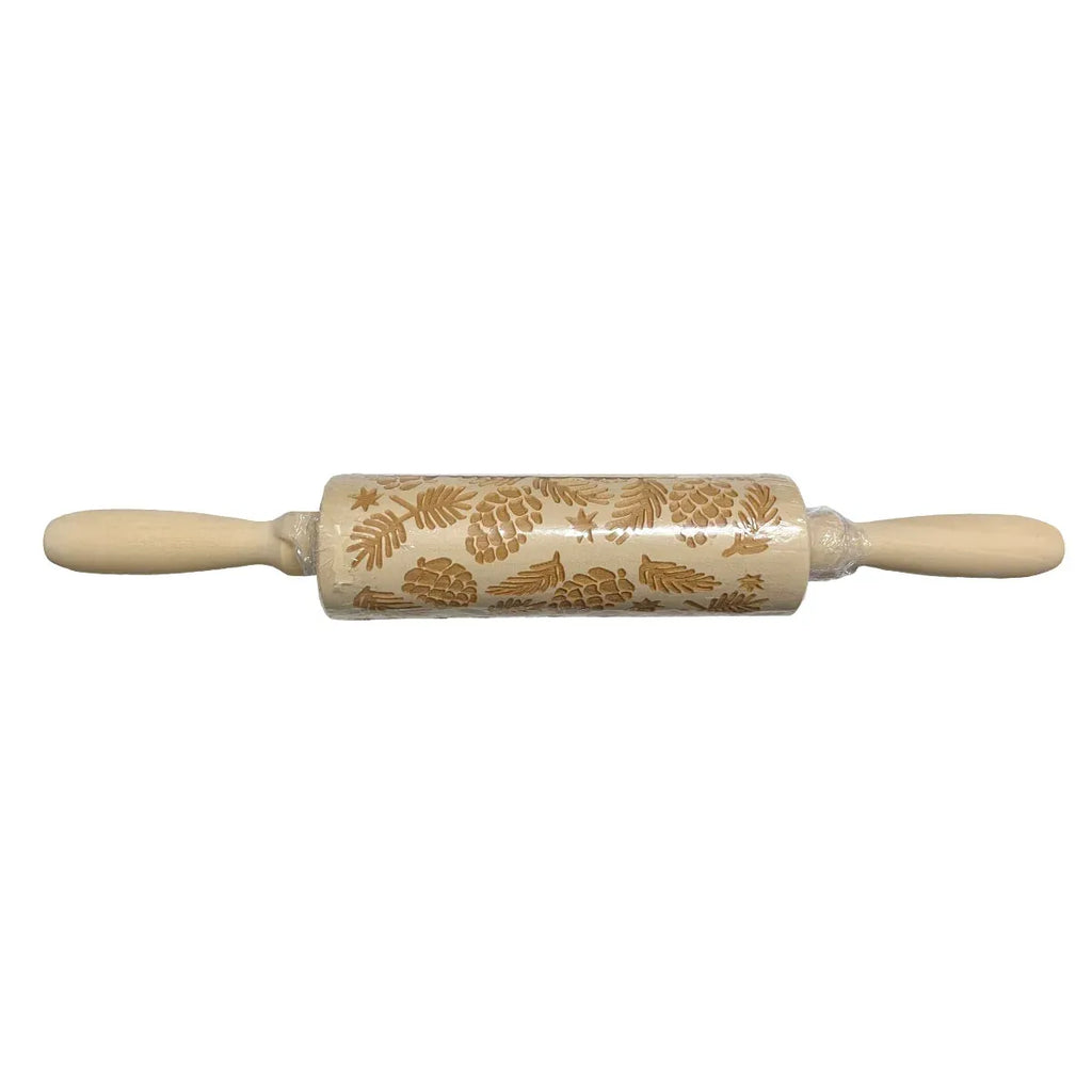 Christmas Engraved Wooden Rolling Pin, Pine Cone and Leaf, 35 cm