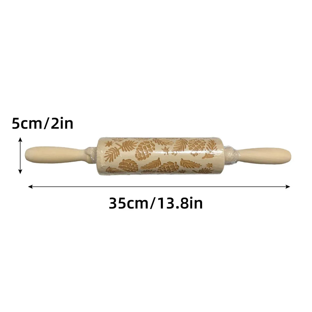 Christmas Engraved Wooden Rolling Pin, Pine Cone and Leaf, 35 cm