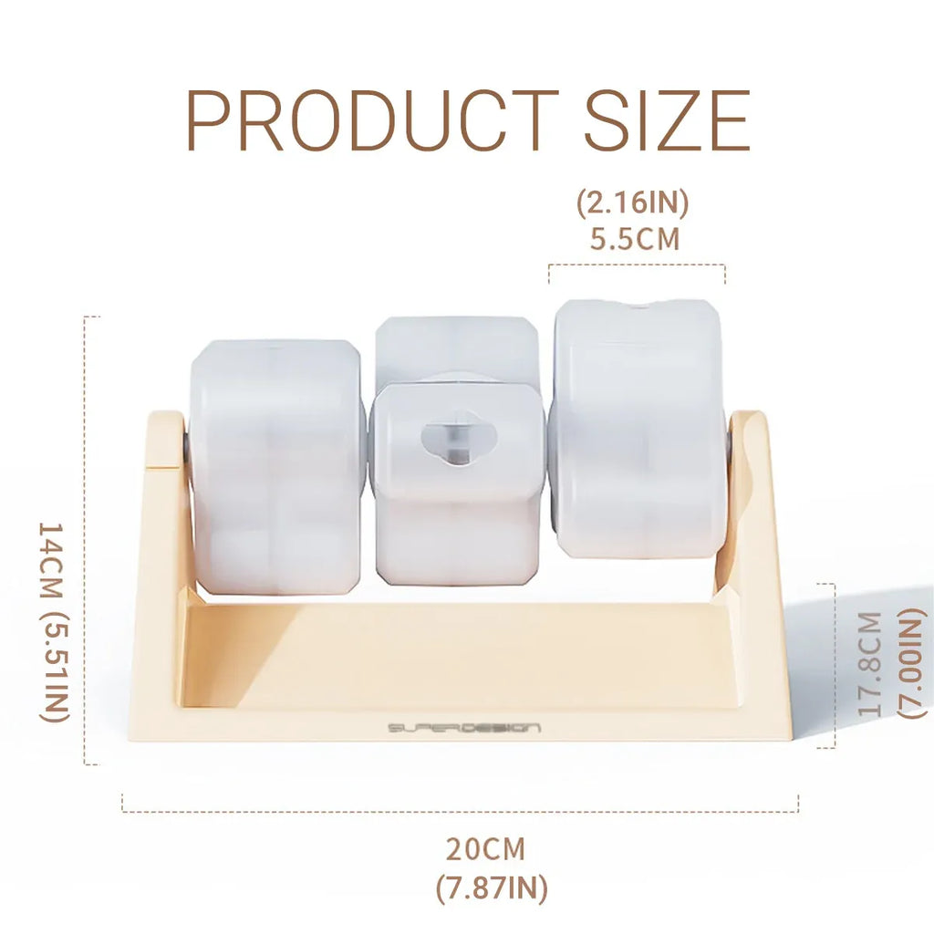 Rotating Cat Treat Dispenser, 20 x 14 x 17.8 cm, with its measurements marked
