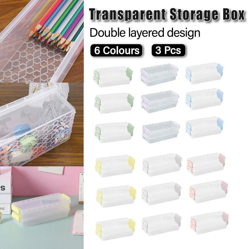 Clear Two Layer Stationery Storage Boxes, Set of 3, 20.5 x 8 cm