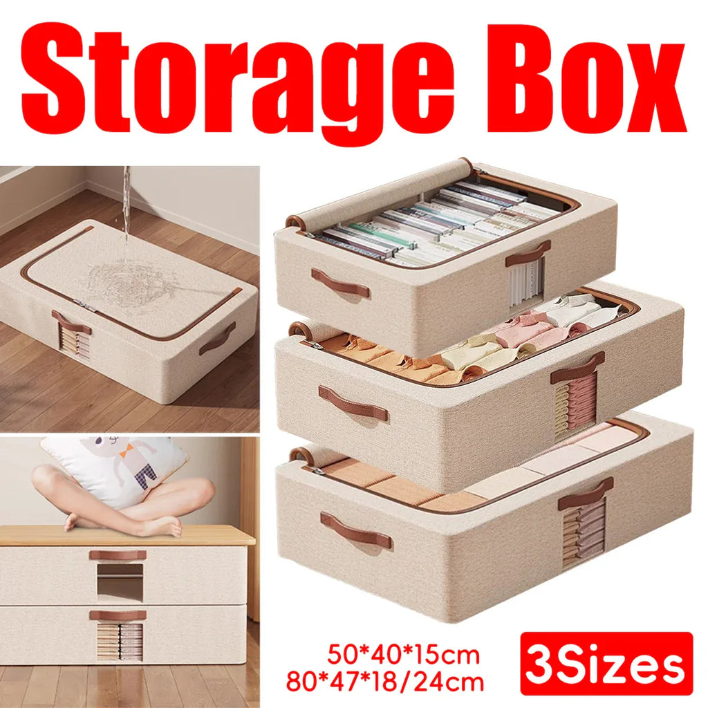 Foldable Cotton Linen Under Bed Storage Box, Beige