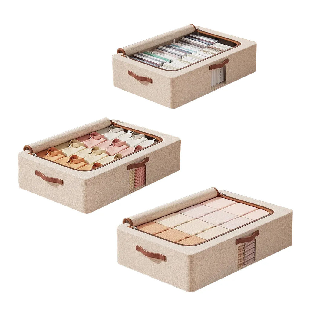 Foldable Cotton Linen Under Bed Storage Box, Beige