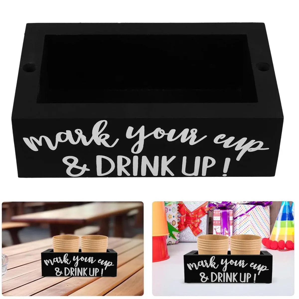 Black Pine Wood Disposable Cup Holder with Marker Slot