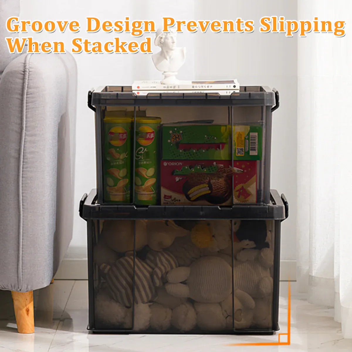 Stackable Plastic Storage Box with Clear Front and Lid