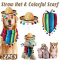 2pcs Striped Triangle Scarf Colourful Hairball Pet Straw Hat Scarf Set