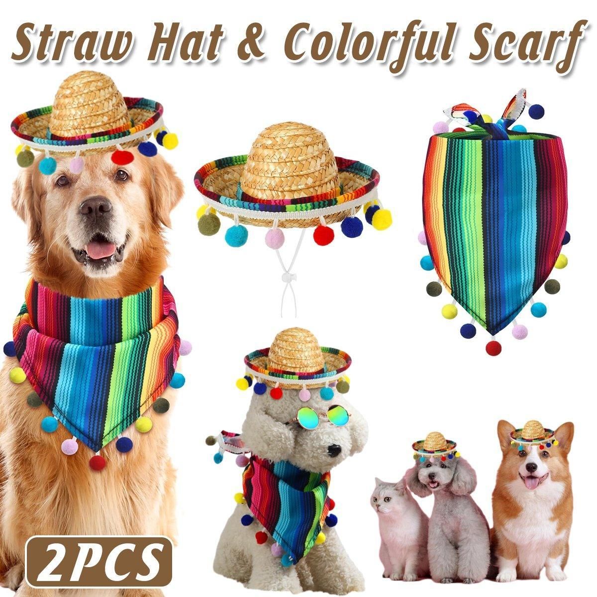 2pcs Striped Triangle Scarf Colourful Hairball Pet Straw Hat Scarf Set