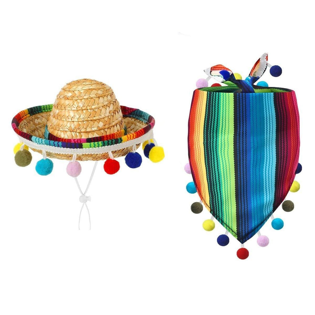2pcs Striped Triangle Scarf Colourful Hairball Pet Straw Hat Scarf Set