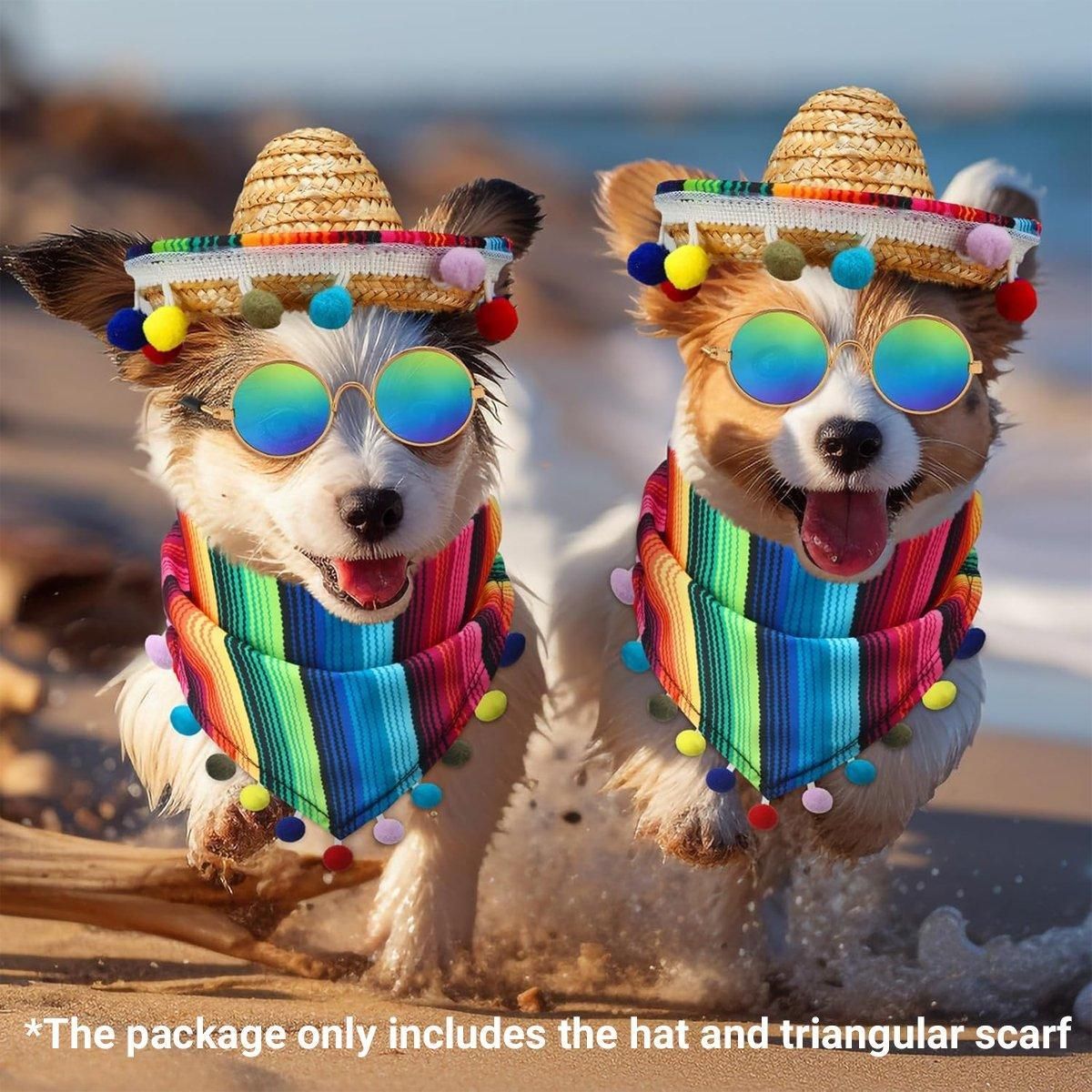 2pcs Striped Triangle Scarf Colourful Hairball Pet Straw Hat Scarf Set