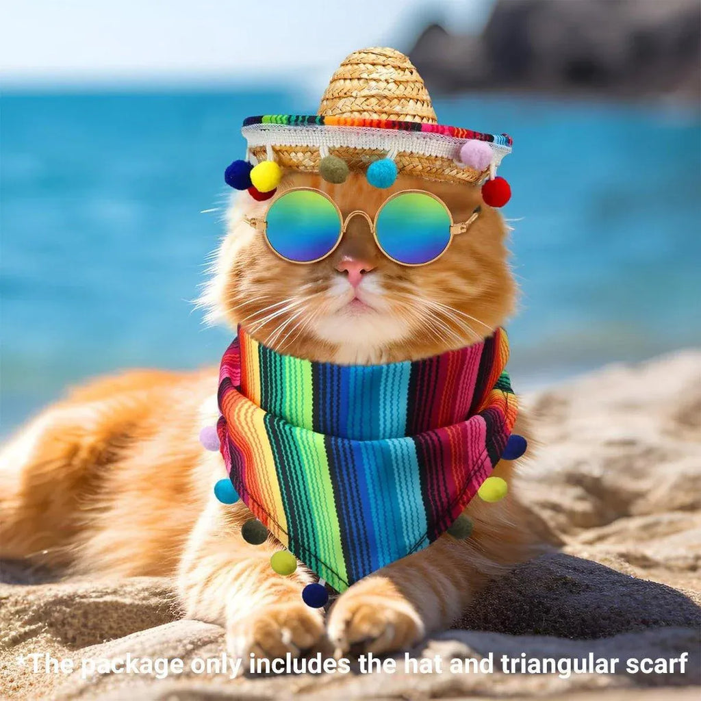 2pcs Striped Triangle Scarf Colourful Hairball Pet Straw Hat Scarf Set