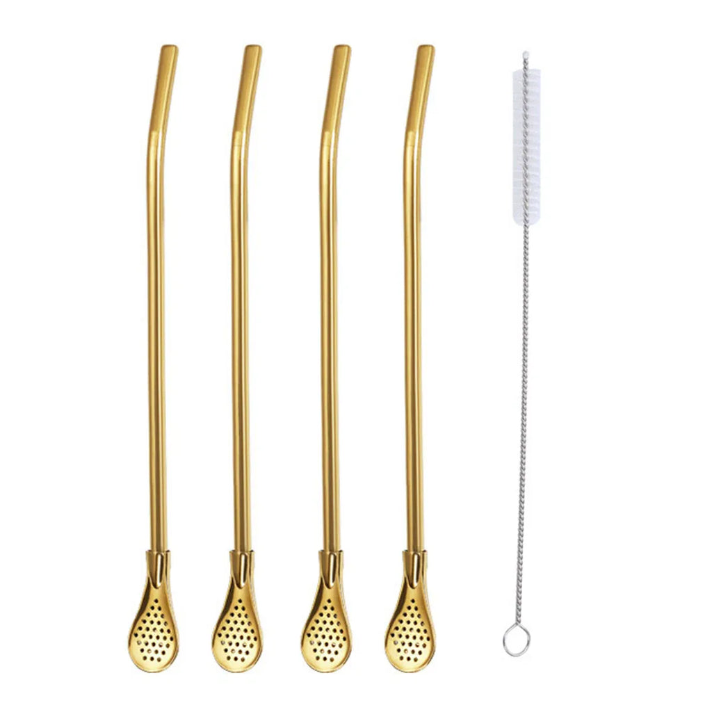 Gold Stainless Steel Straw Spoons with Filter and Brush, 5 Piece Set