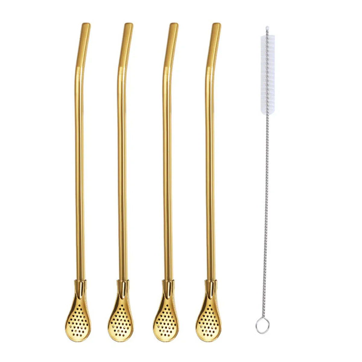 Gold Stainless Steel Straw Spoons with Filter and Brush, 5 Piece Set