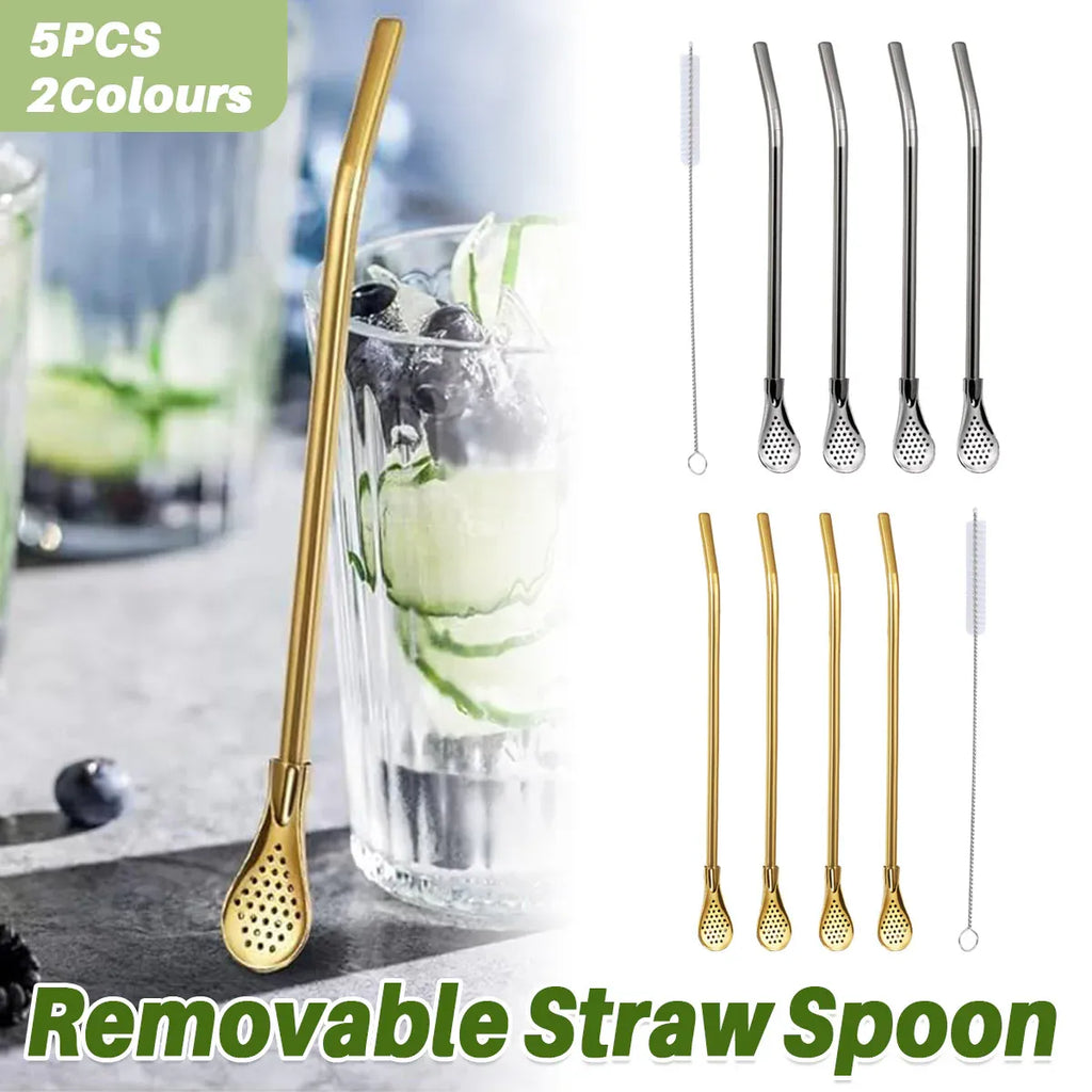 Gold Stainless Steel Straw Spoons with Filter and Brush, 5 Piece Set