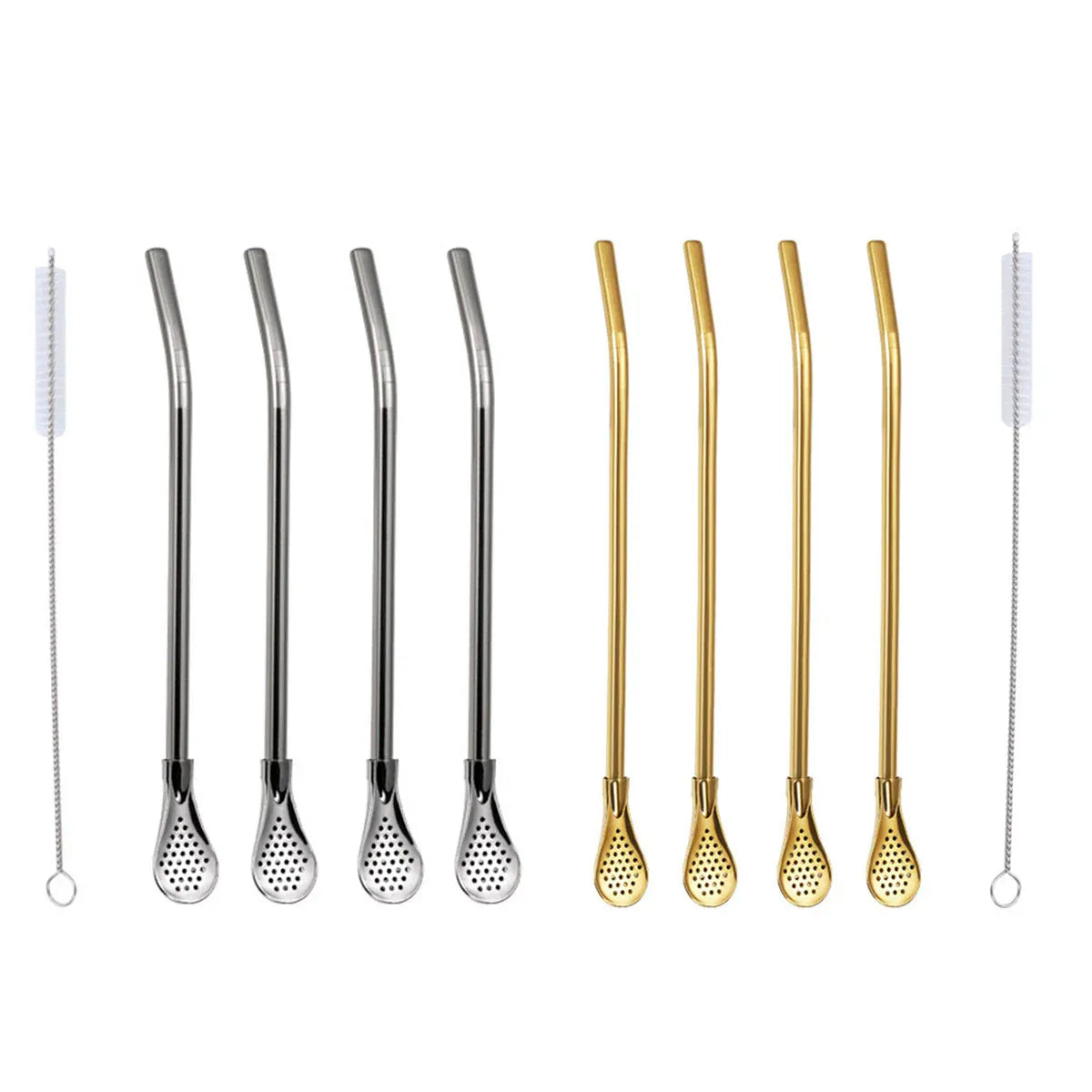 Gold Stainless Steel Straw Spoons with Filter and Brush, 5 Piece Set