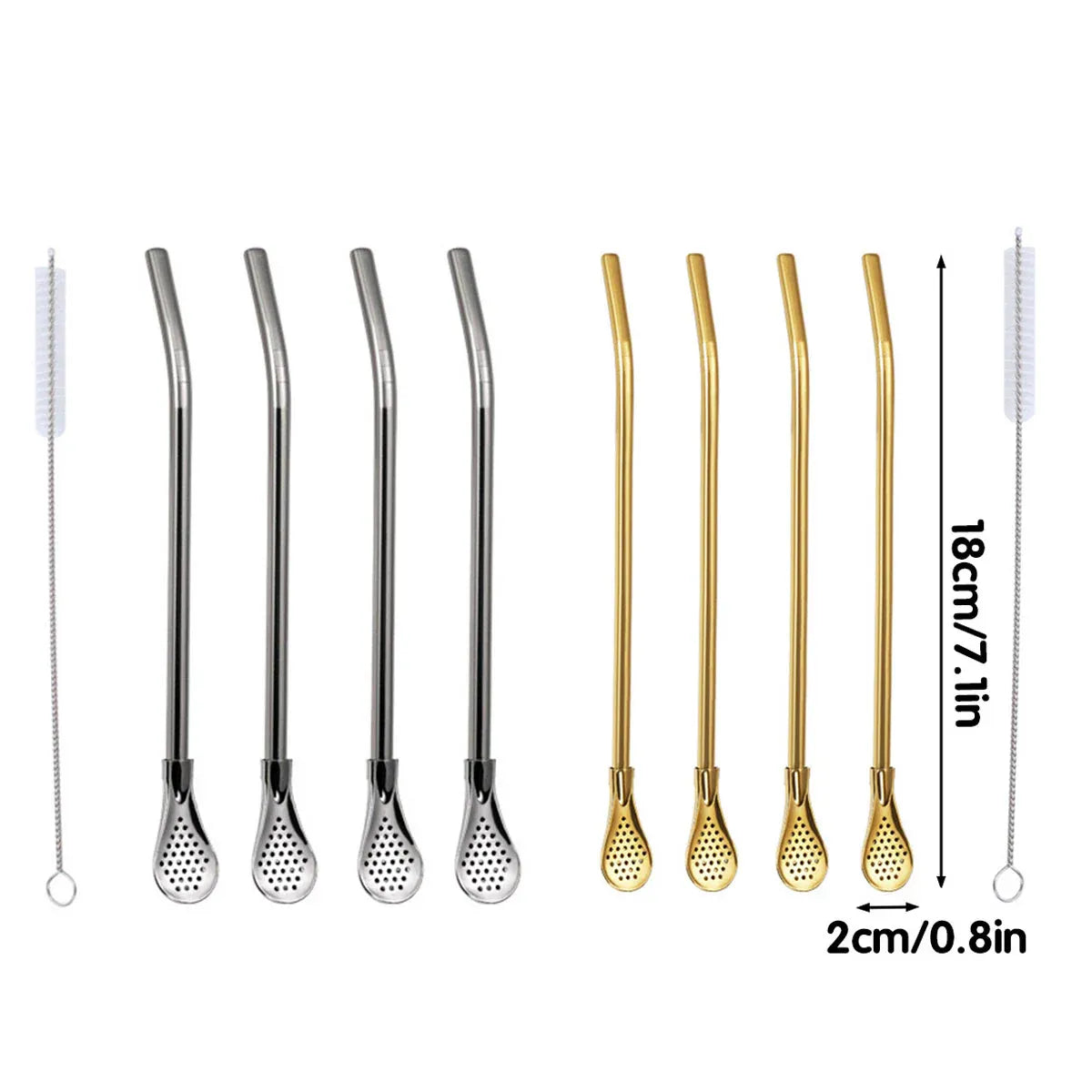 Gold Stainless Steel Straw Spoons with Filter and Brush, 5 Piece Set