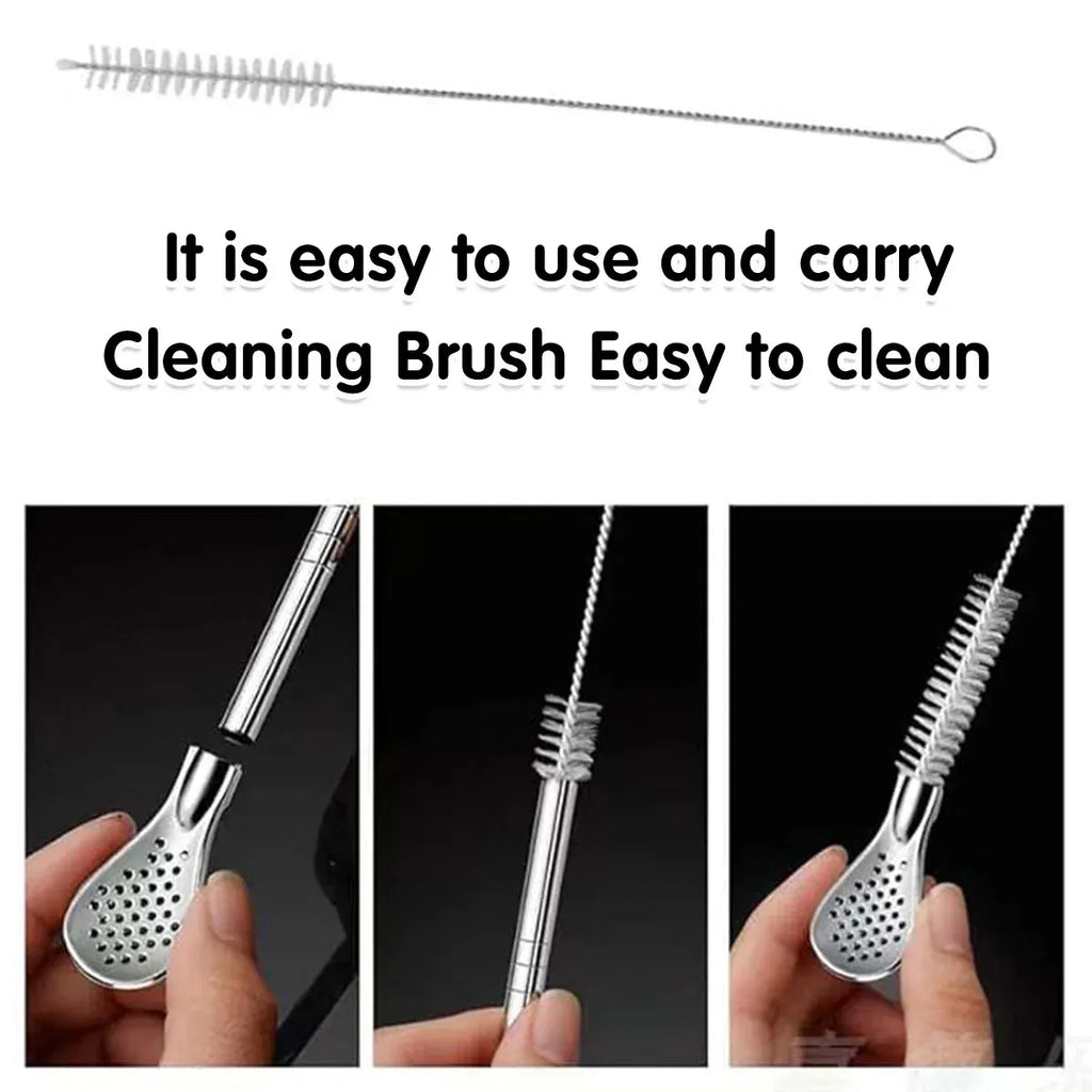 Gold Stainless Steel Straw Spoons with Filter and Brush, 5 Piece Set