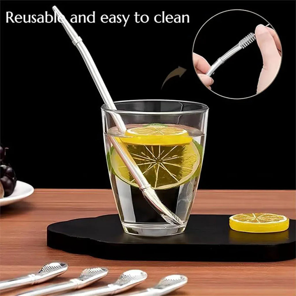 Gold Stainless Steel Straw Spoons with Filter and Brush, 5 Piece Set