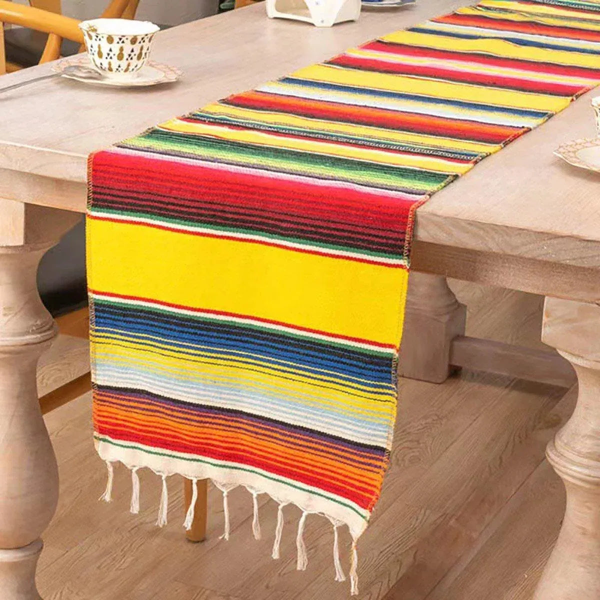 Woven Cotton Table Runner with Tassels, 215 x 35 cm