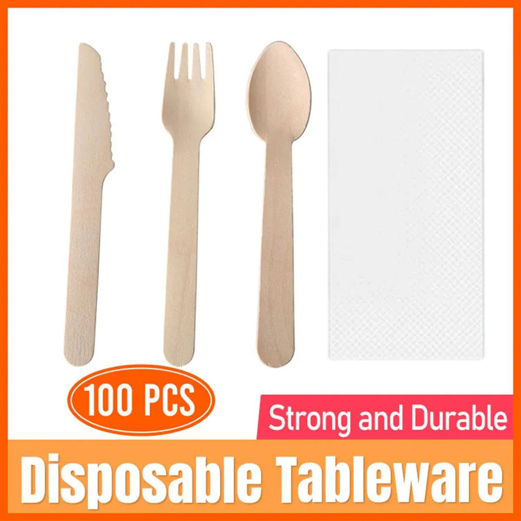 Degradable Wooden Cutlery Set 100pcs Disposable Spoons Forks Knives
