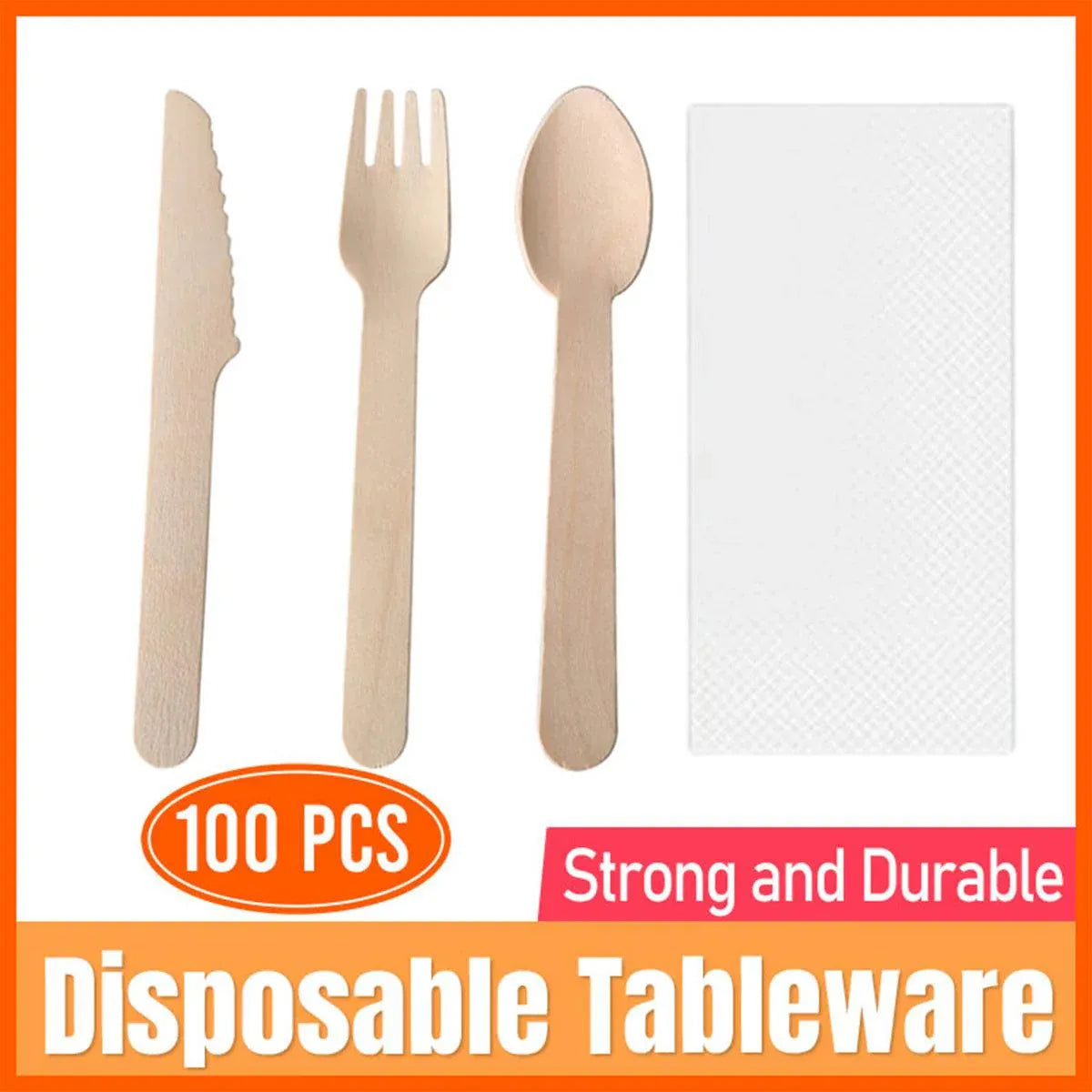 Degradable Wooden Cutlery Set 100pcs Disposable Spoons Forks Knives
