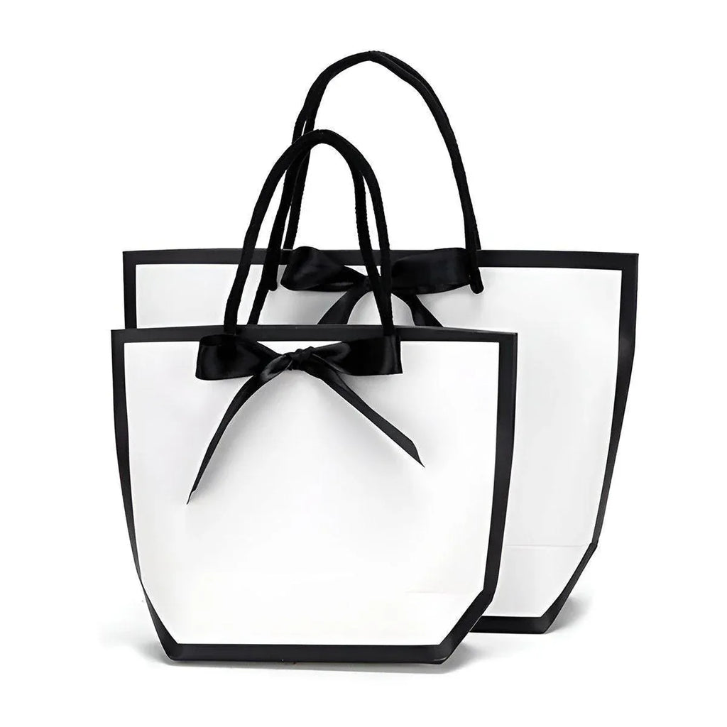 White Paper Gift Bags with Black Trim and Ribbon Handles, 25 Pack