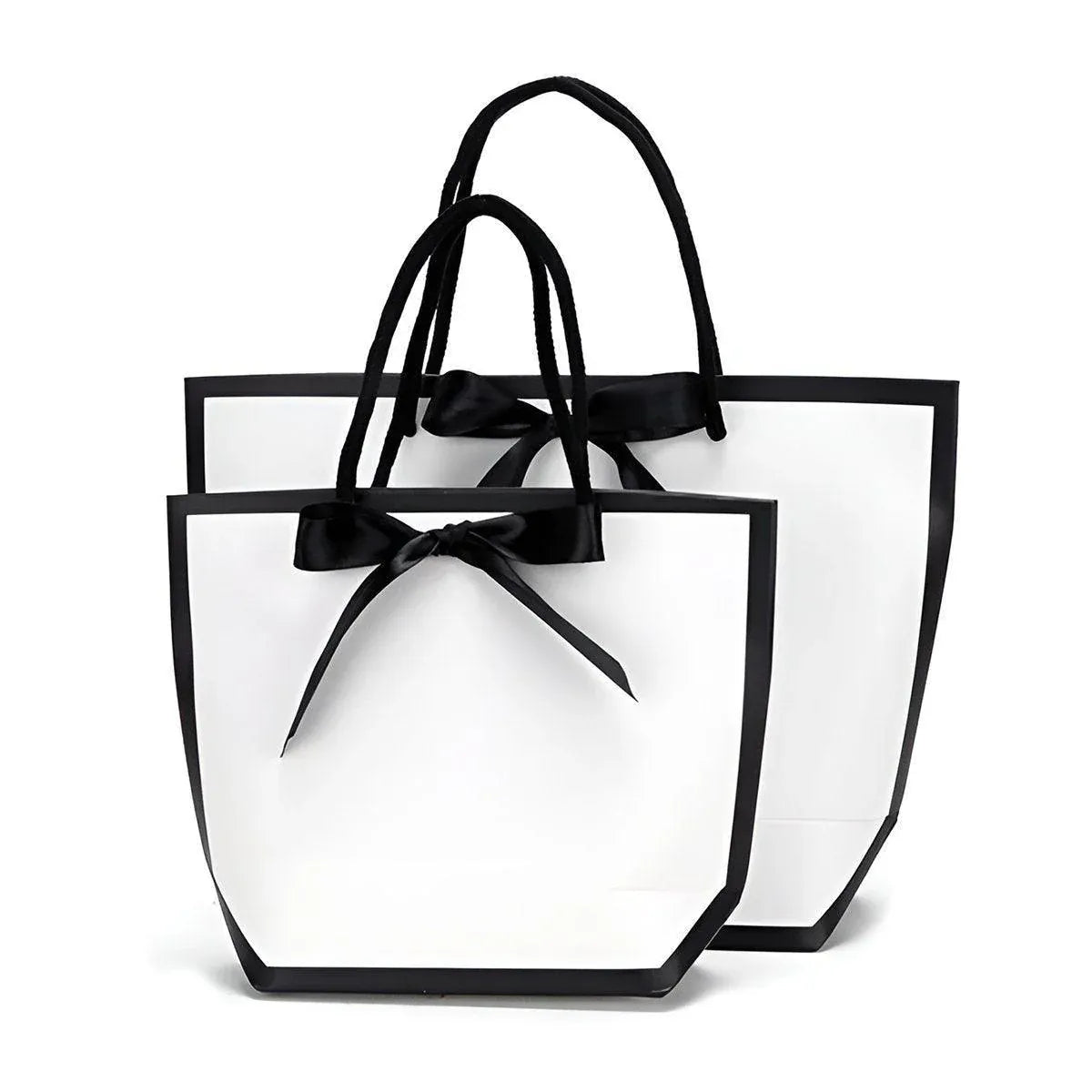 White Paper Gift Bags with Black Trim and Ribbon Handles, 25 Pack