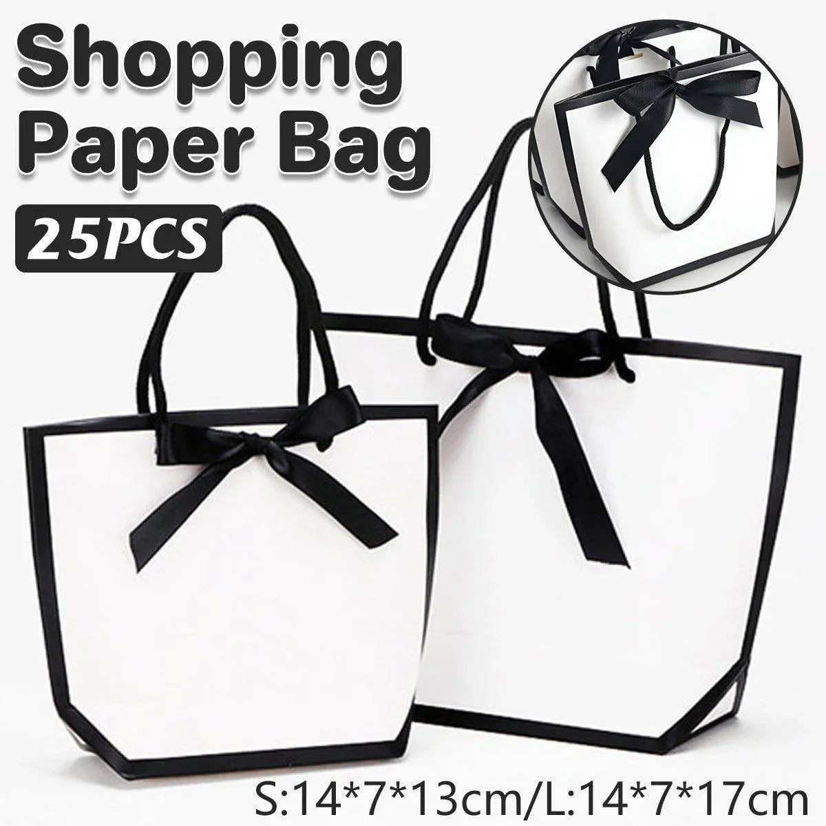 White Paper Gift Bags with Black Trim and Ribbon Handles, 25 Pack
