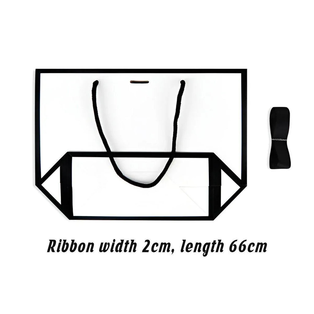 White Paper Gift Bags with Black Trim and Ribbon Handles, 25 Pack