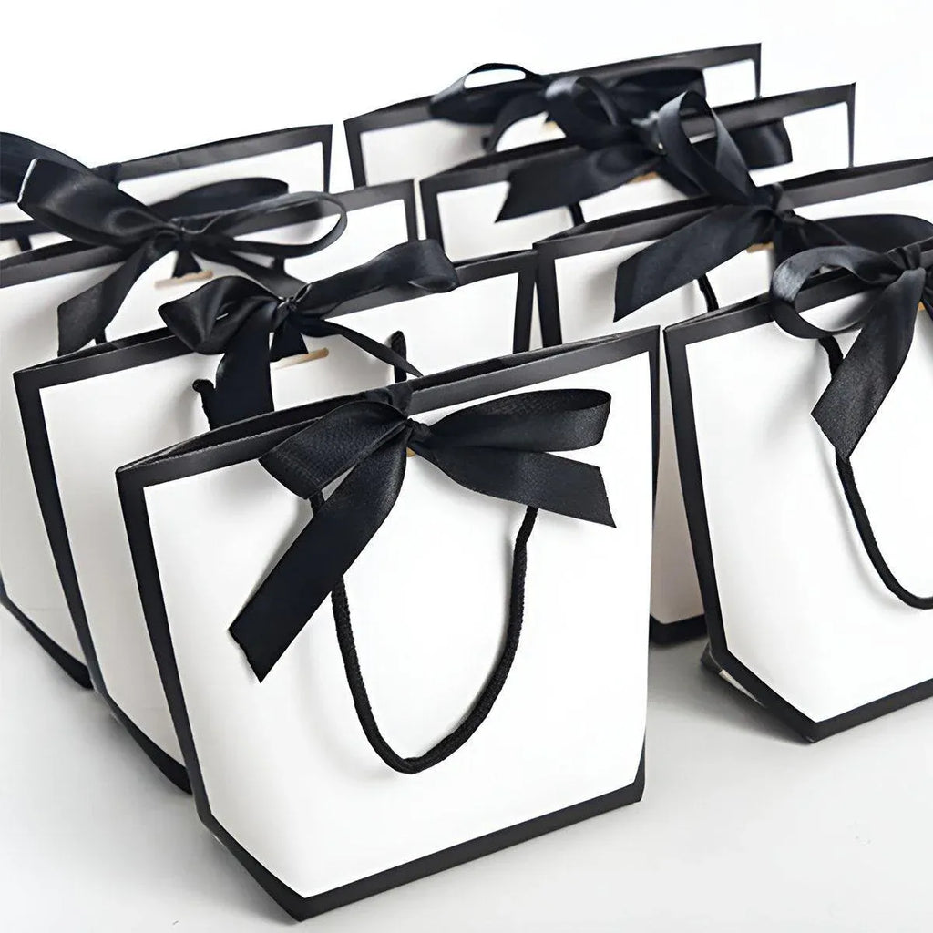 White Paper Gift Bags with Black Trim and Ribbon Handles, 25 Pack