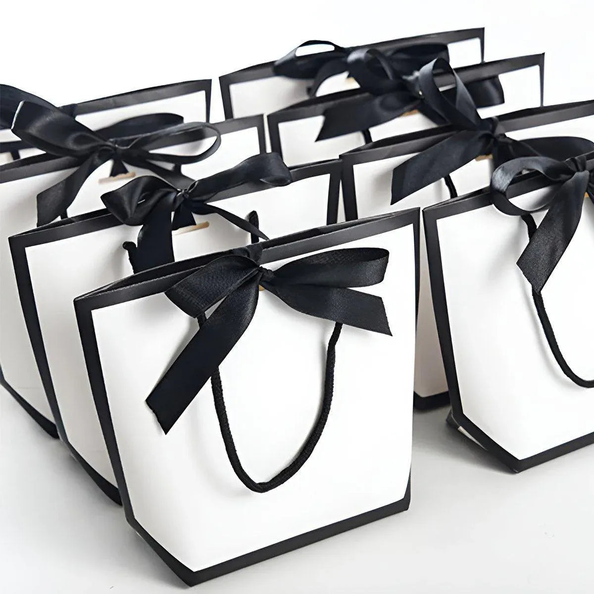 White Paper Gift Bags with Black Trim and Ribbon Handles, 25 Pack