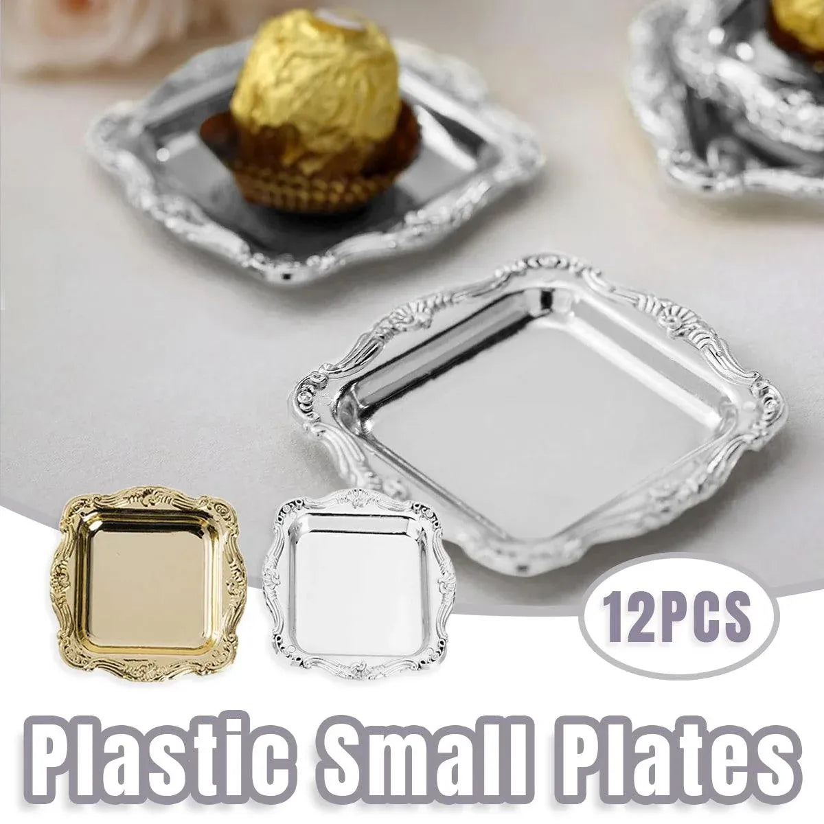 Gold Square Plastic Serving Plates, 8 x 8 cm, 12 Pack