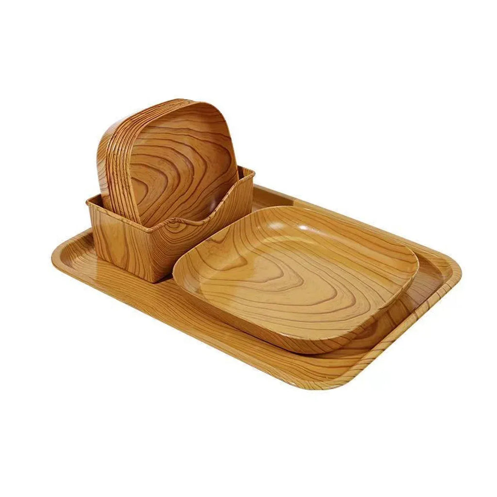 Snack Serving Tray Set Wood Grain Organiser Platter with Base Multi