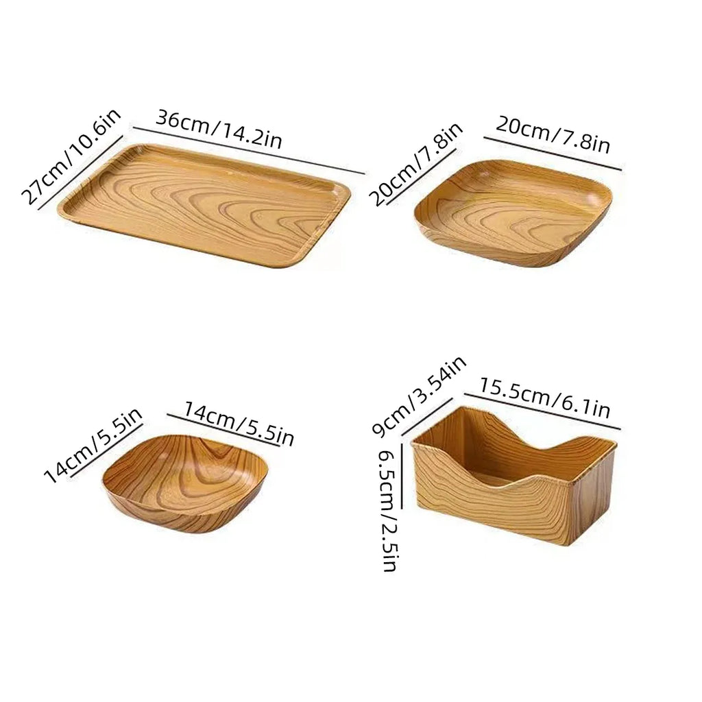 Snack Serving Tray Set Wood Grain Organiser Platter with Base Multi