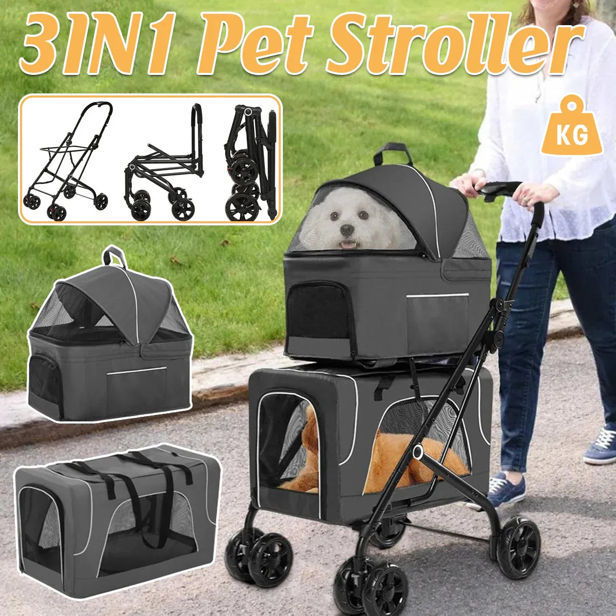 3 in 1 Portable Folding Pet Stroller Outdoor Travel Double Deck Cat