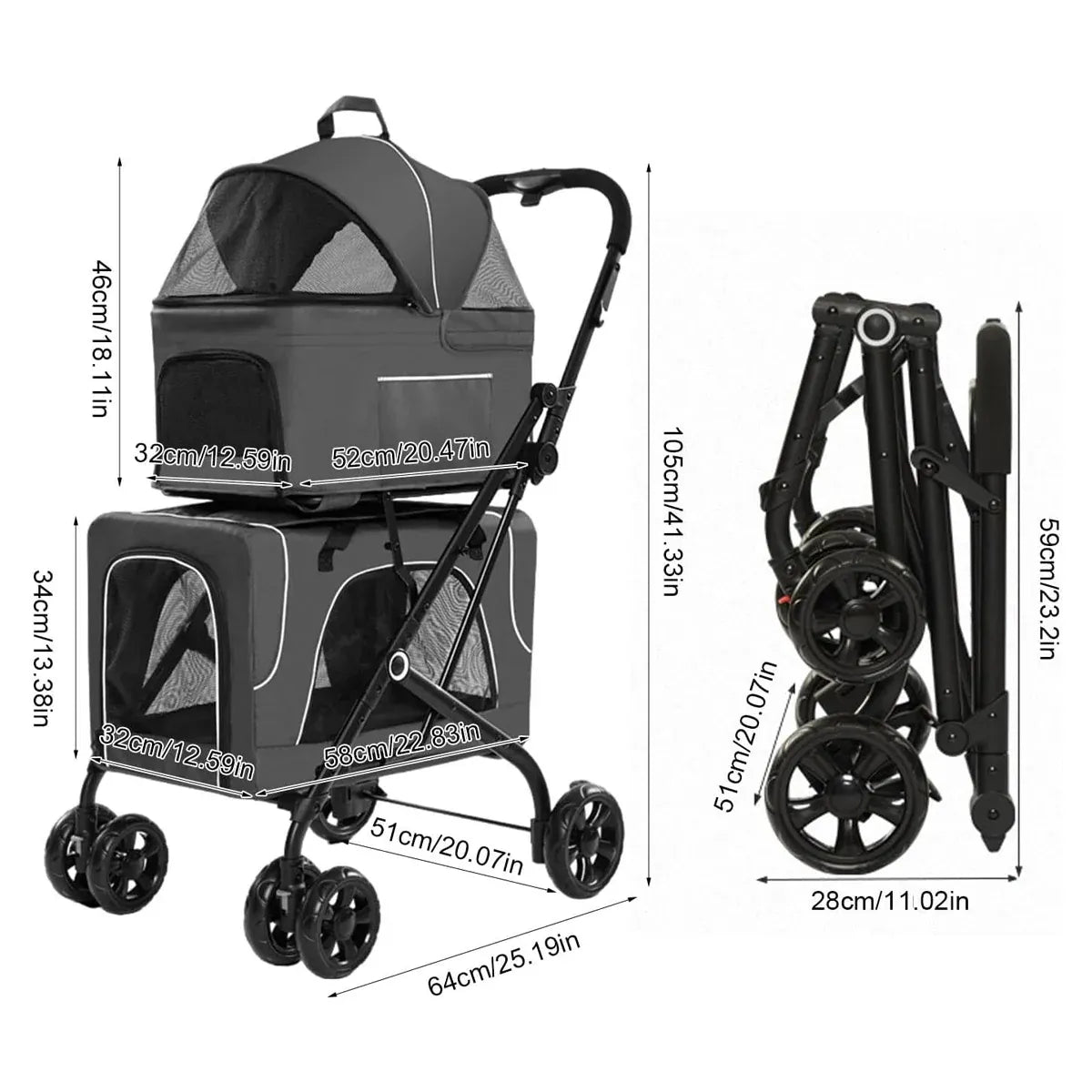 3 in 1 Portable Folding Pet Stroller Outdoor Travel Double Deck Cat