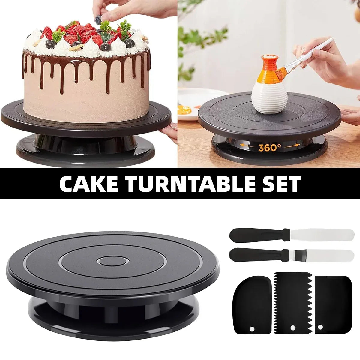 Rotating Cake Turntable with Scrapers and Spatulas, 27.5 cm