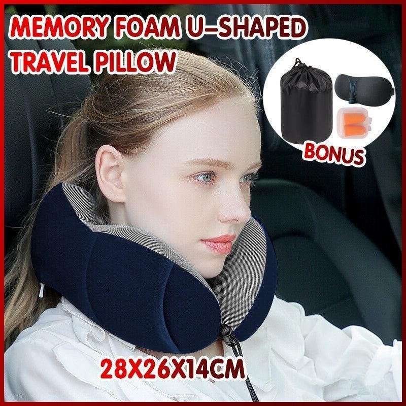 Memory Foam Travel Neck Pillow Set with Sleep Mask and Earplugs