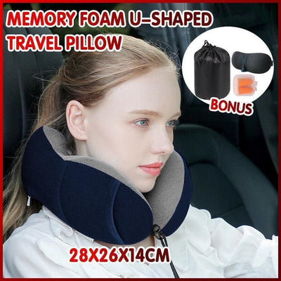 Memory Foam Travel Neck Pillow Set with Sleep Mask and Earplugs