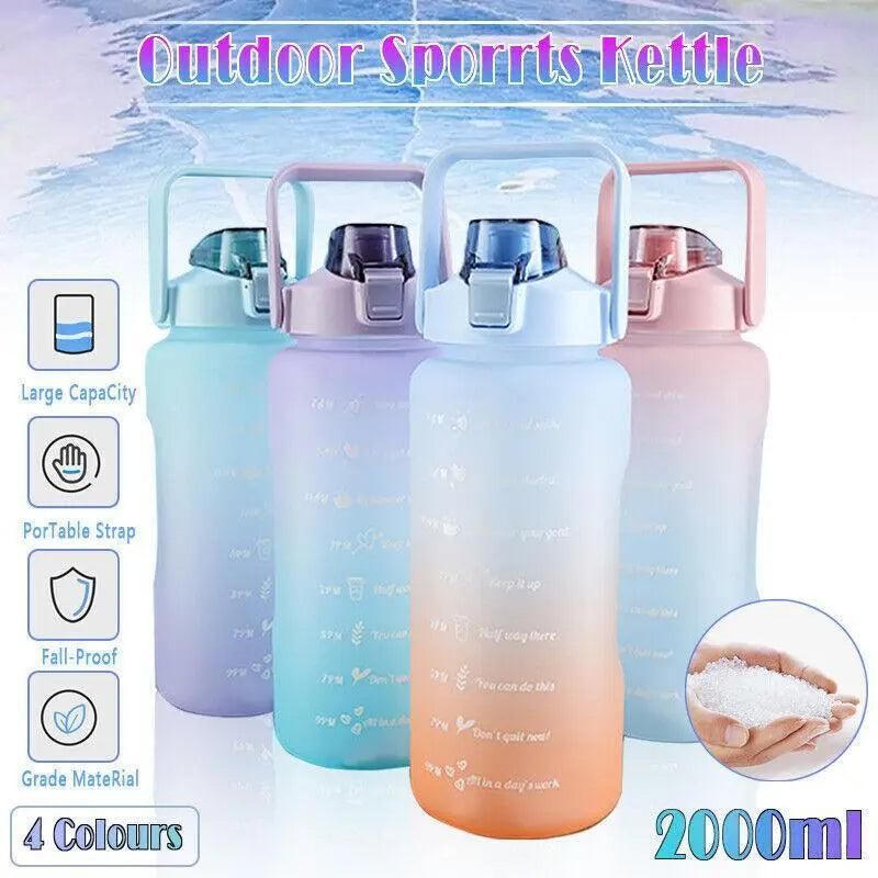2L Large Water Bottle Straw Time Gradient Cup Fitness Jugs Sport