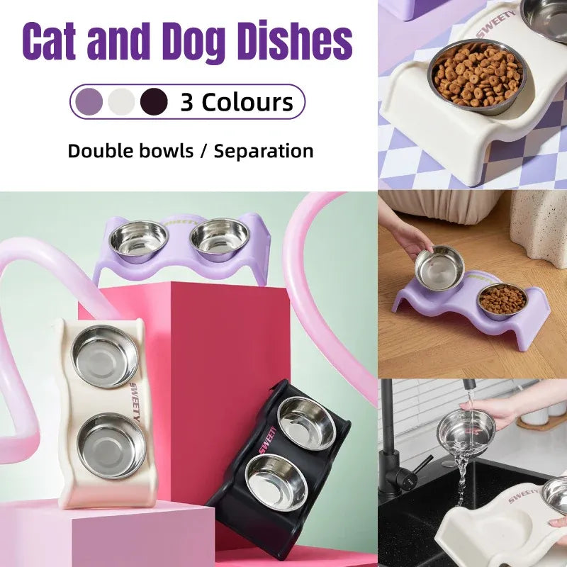 Pet Bowls Stainless Steel Double Bowl Wavy Cat Dog Feeding Dish