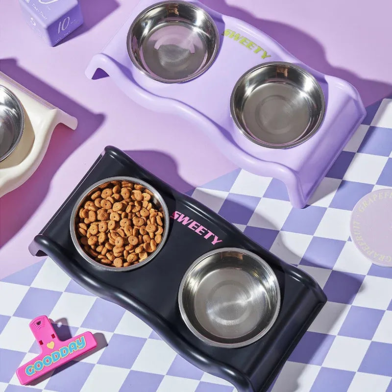 Pet Bowls Stainless Steel Double Bowl Wavy Cat Dog Feeding Dish